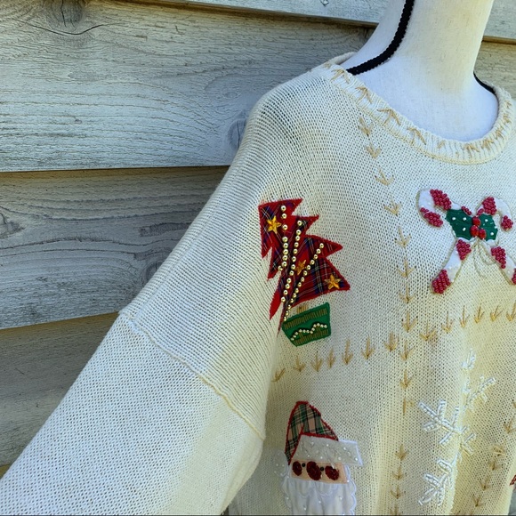 Vintage 90s White Patchwork Appliqué Long Sleeve Crewneck Ugly Christmas Sweater - Picture 11 of 16